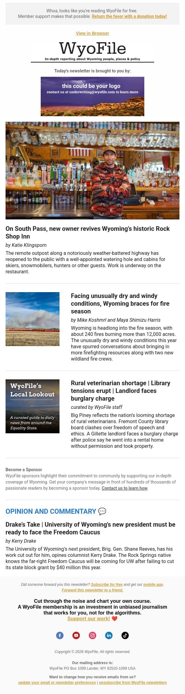 Rock Shop revival | Fire season forecast | Rural vet shortage email from WyoFile screenshot