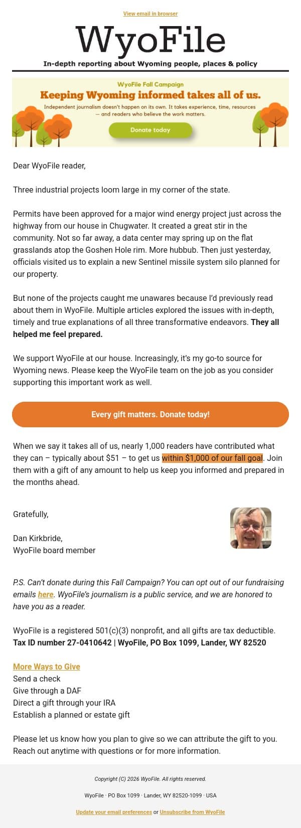 My Go-To Source For Wyoming News email from WyoFile screenshot