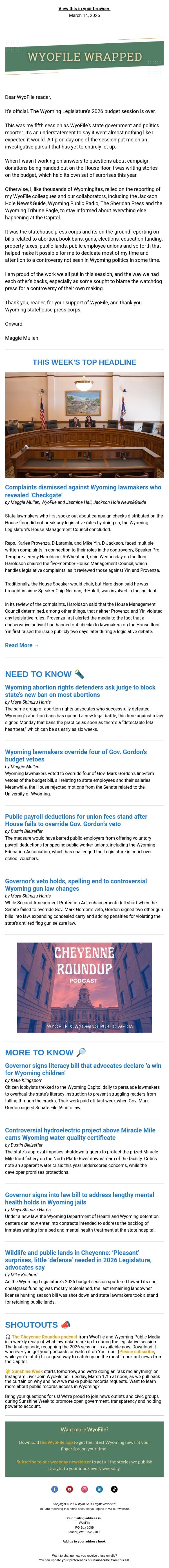 Wrapped — Budget session ends | No rule breaches for Dem lawmakers | Lawsuit targets new abortion ban email from WyoFile screenshot
