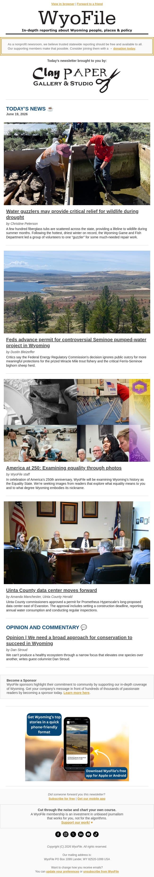 Wildlife water guzzlers | Feds advance Seminoe project | Uinta County OKs data center email from WyoFile screenshot