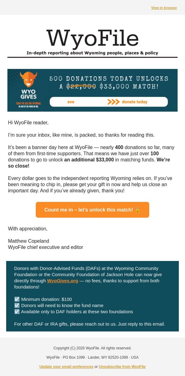 We’re So Close! email from WyoFile screenshot