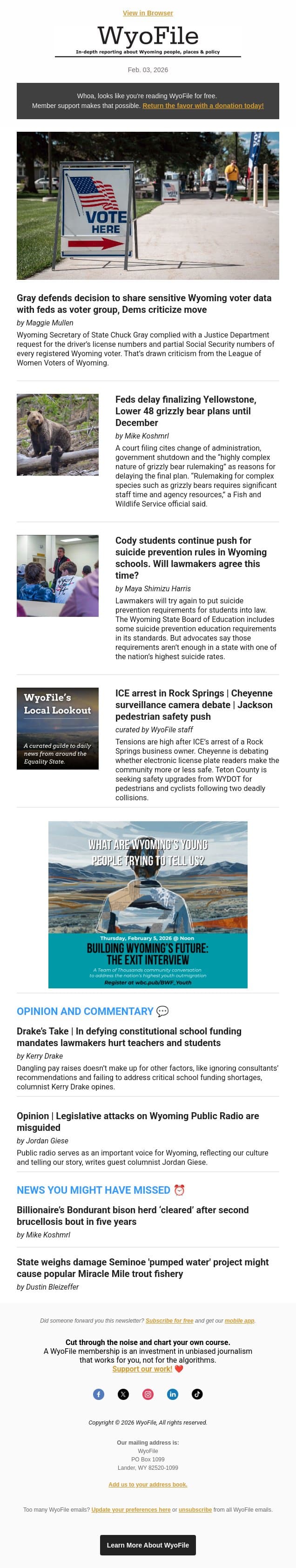 Voter data release | Grizzly decision delay | Suicide prevention push email from WyoFile screenshot