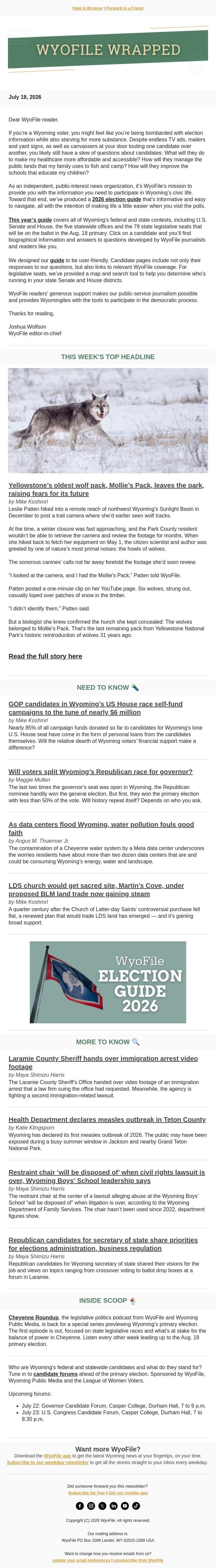 Wrapped — Wolf pack's precarity | Self-funded campaigns | Data center contamination email from WyoFile screenshot