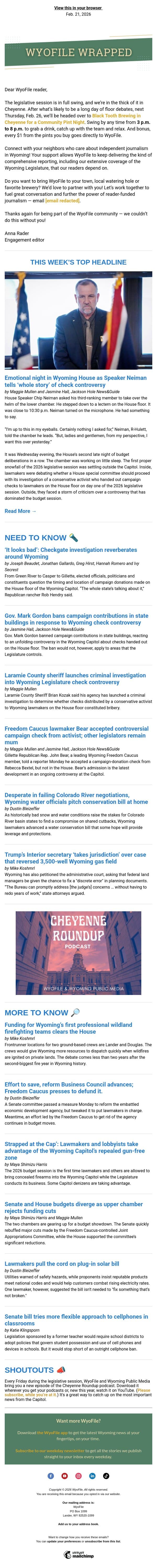 Wrapped — 'Checkgate' controversy continues | Water conservation | Interior takes over gas case email from WyoFile screenshot