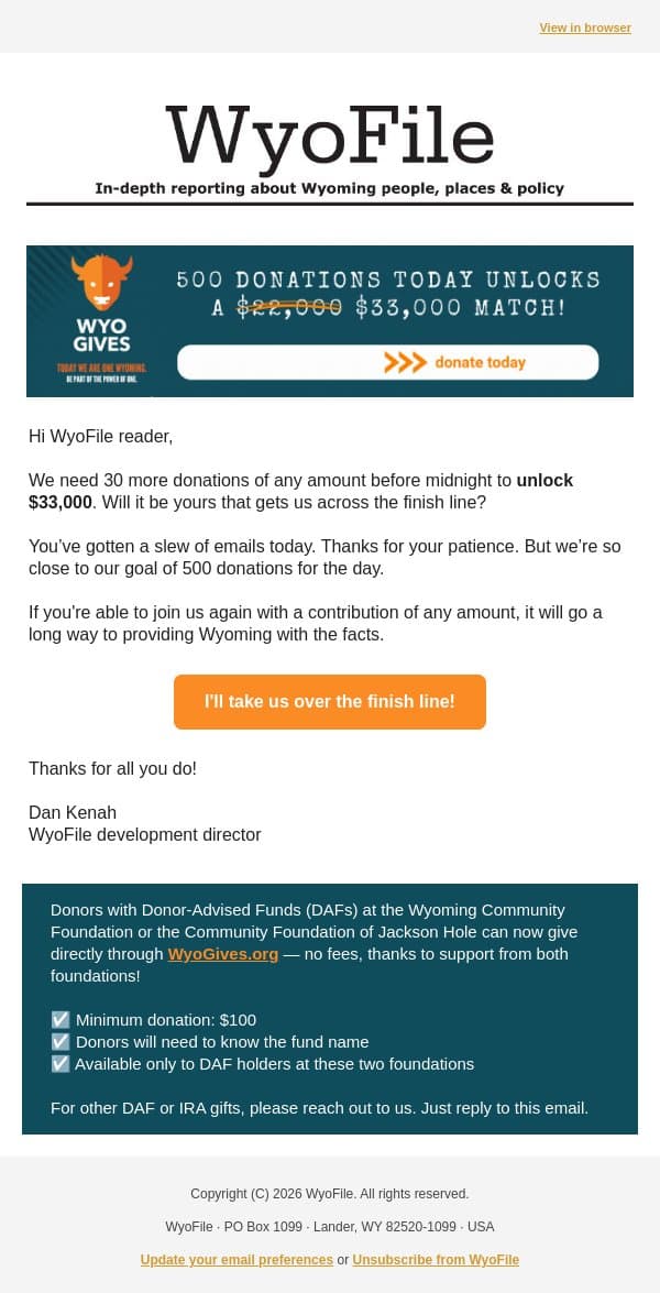 Your $5 = $33,000 for WyoFile email from WyoFile screenshot