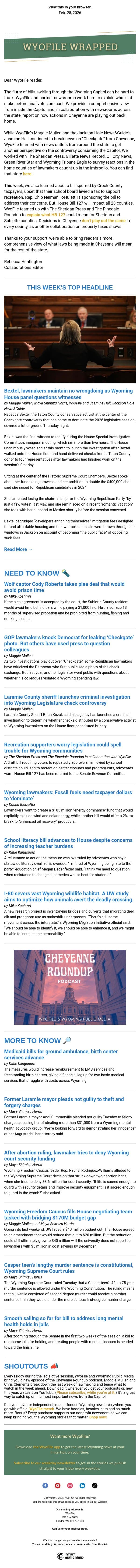 Wrapped — Checkgate testimony commences | Wolf captor takes deal | Health and education bills advance email from WyoFile screenshot