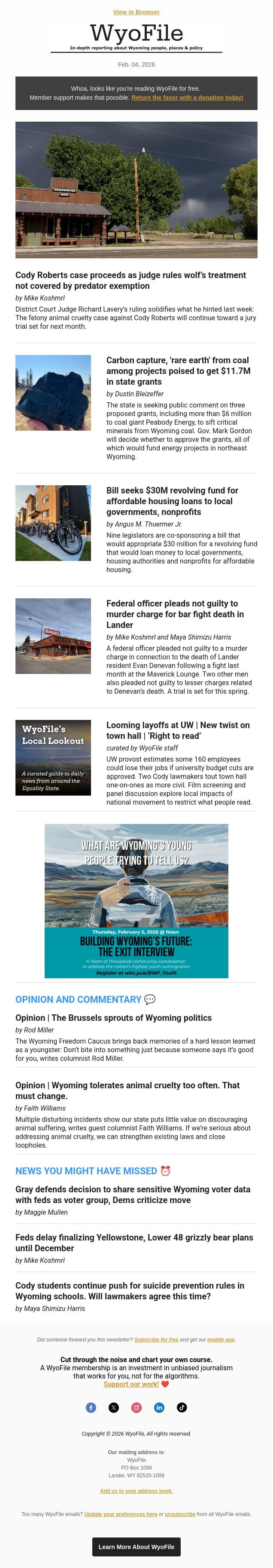 Wolf abuse case advances | State energy grants | Affordable housing | Bar fight pleas email from WyoFile screenshot