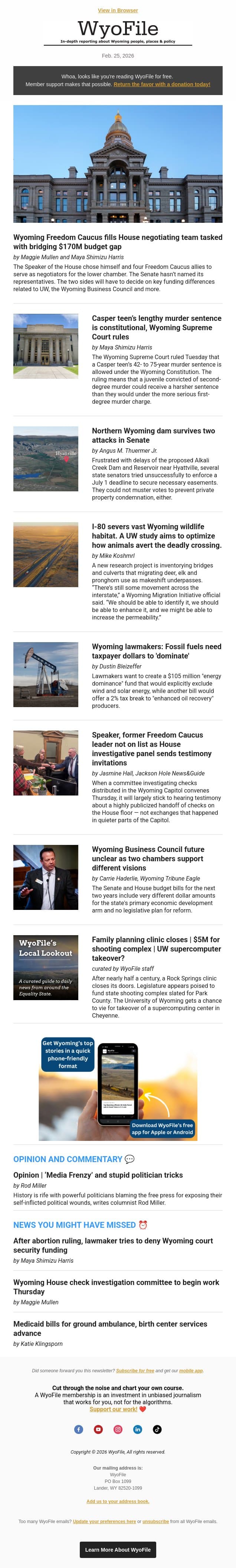 Budget gap | Juvenile sentencing | Dam delays | Wildlife crossings email from WyoFile screenshot