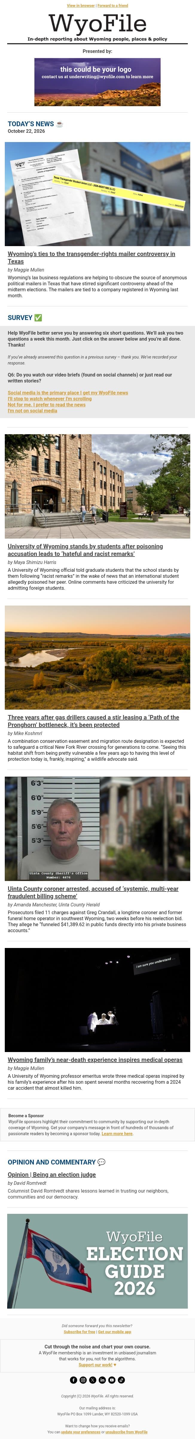 How do Texas political fliers connect to Wyoming? email from WyoFile screenshot