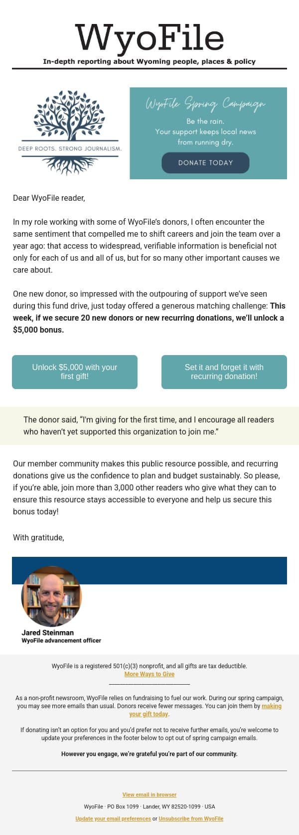“I'm giving for the first time..." email from WyoFile screenshot