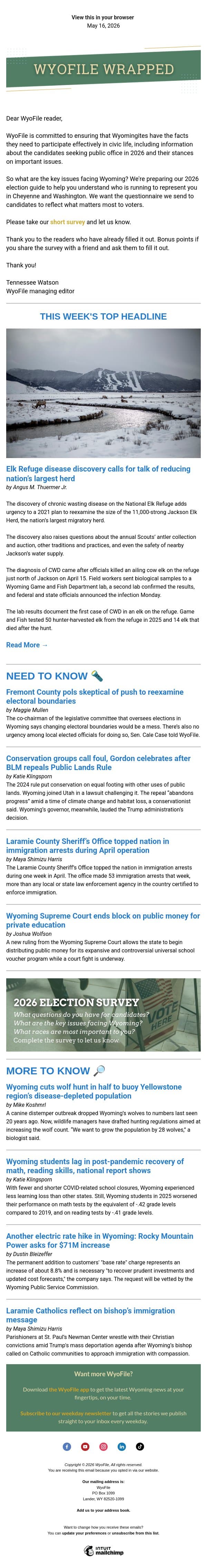 Wrapped — Elk Refuge contamination | High court rulings | Public Lands Rule email from WyoFile screenshot
