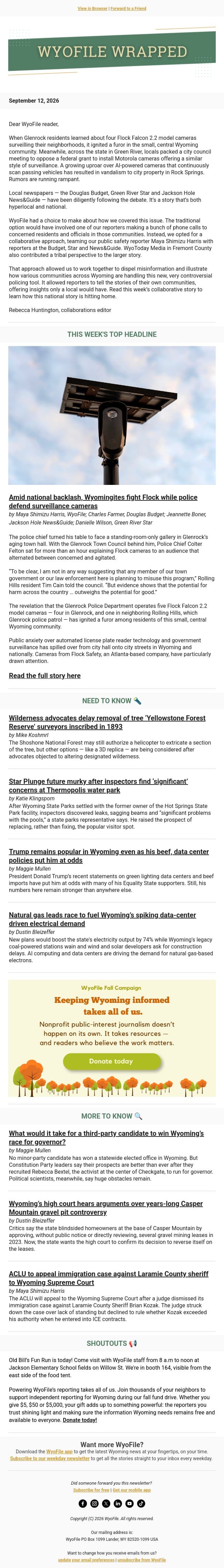 Wrapped — Flock surveillance | Y’stone survey tree | Star Plunge’s murky future email from WyoFile screenshot