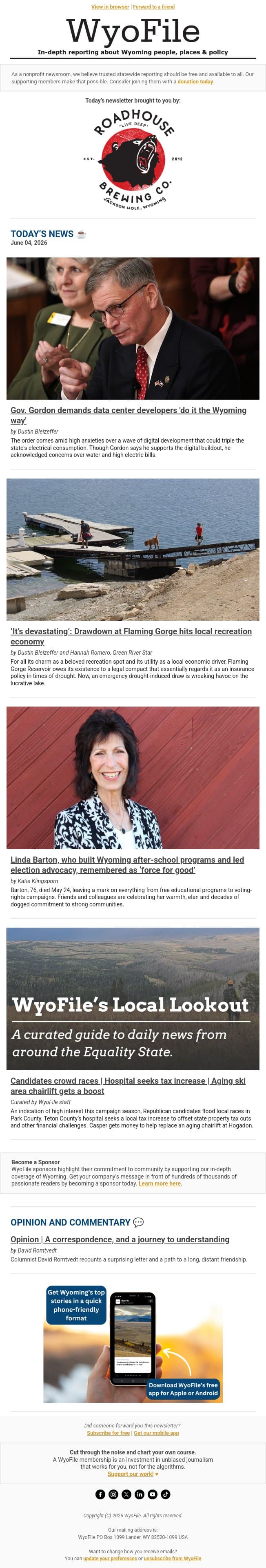 Data center directive | Gorge drawdown hits locals | Linda Barton, a ‘force for good’ email from WyoFile screenshot