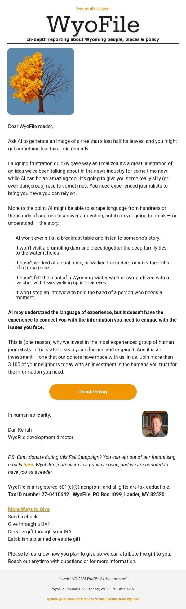 AI Won’t Be a Journalist email from WyoFile screenshot