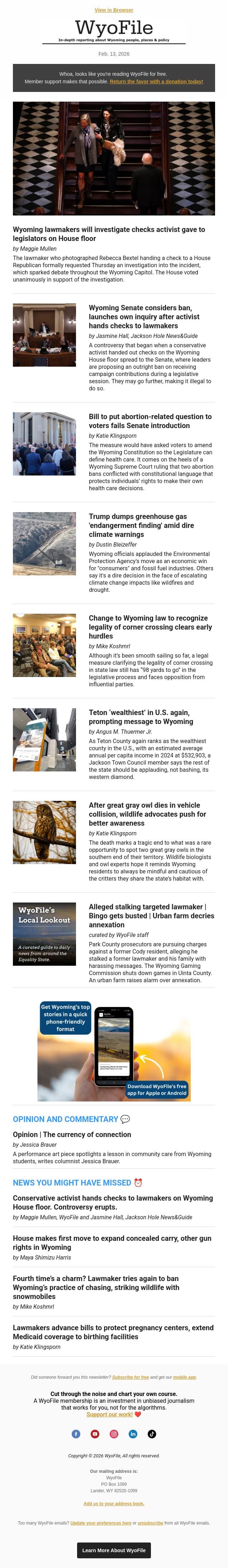 Check investigations | Abortion misses ballot | Greenhouse gas | Corner crossing email from WyoFile screenshot