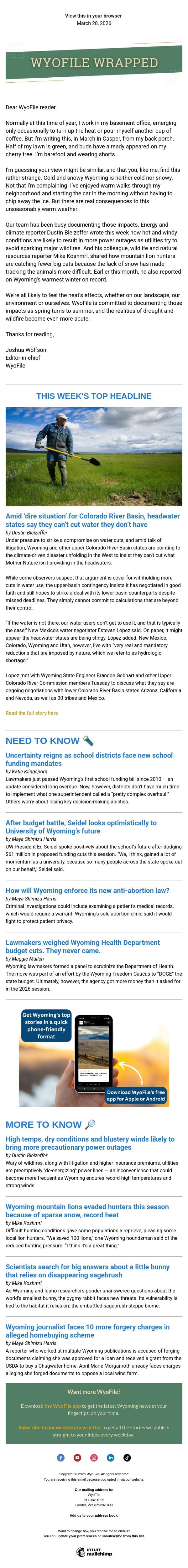 Wrapped — Education spending | Weather and water woes | Forgery charges email from WyoFile screenshot