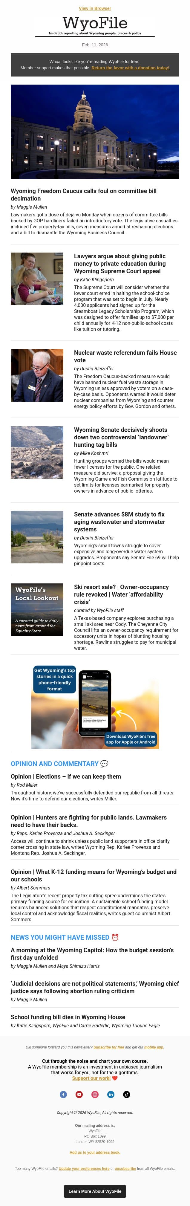Freedom Caucus calls foul | School voucher appeal | Nuclear waste bill bombs | Hunting measure shot down | Water upgrades email from WyoFile screenshot
