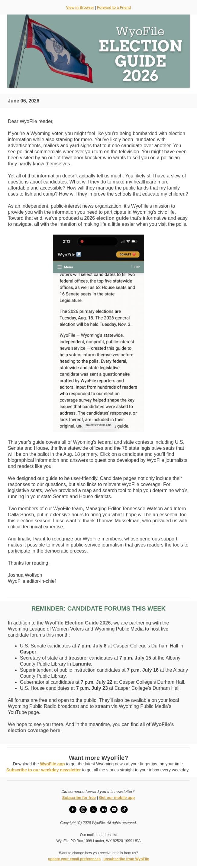 WyoFile's election guide and candidate forums are here email from WyoFile screenshot
