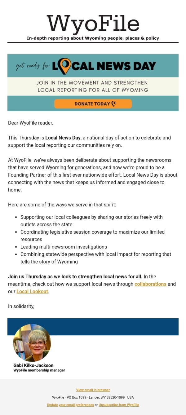 Thursday is Local News Day email from WyoFile screenshot