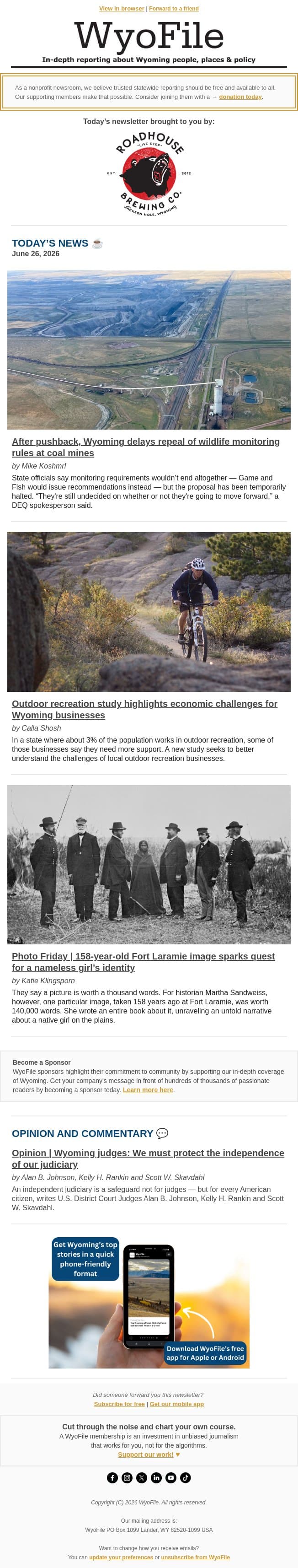 Wildlife monitoring at coal mines | Outdoor rec study | Nameless girl email from WyoFile screenshot