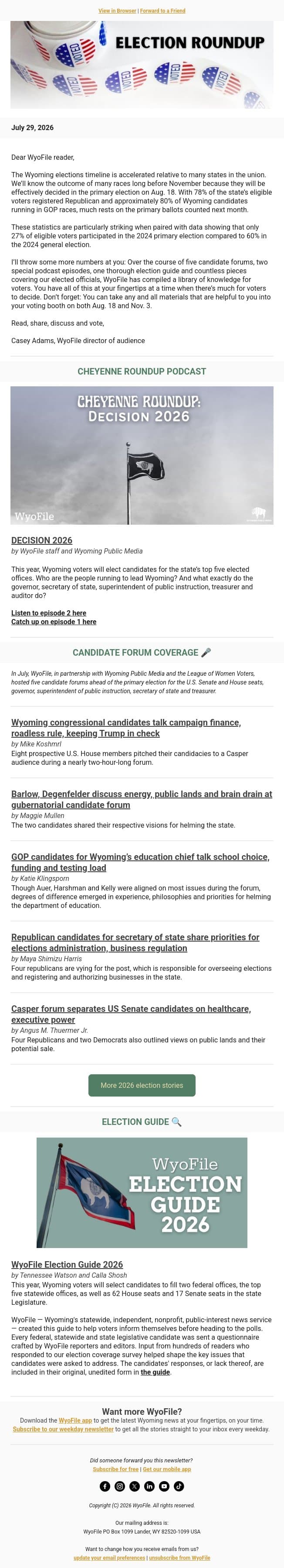 Who is running for office in Wyoming? email from WyoFile screenshot