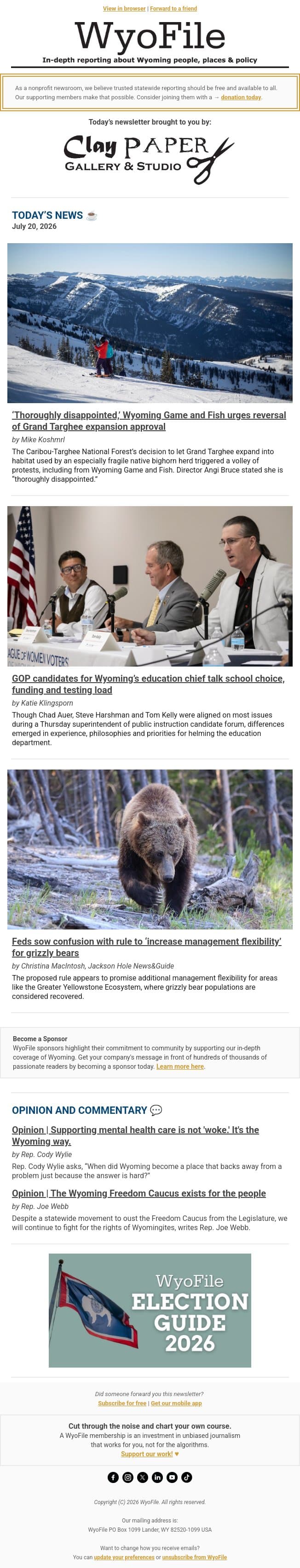 Ski area vs. sheep | Education chief forum | Grizzly policy confusion email from WyoFile screenshot
