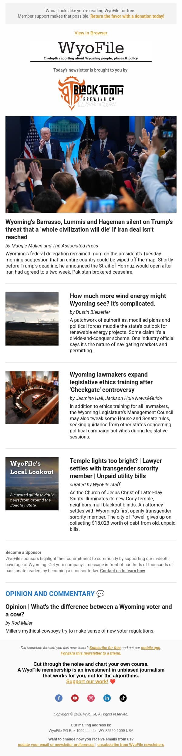 Delegates mum on Iran | Wind projects uncertainty | Legislature ethics training email from WyoFile screenshot