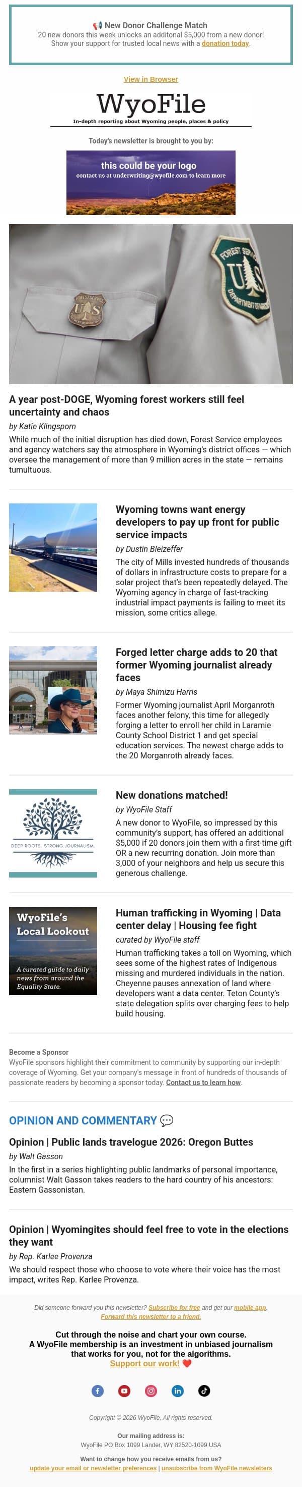 USFS post-DOGE | Towns want industry to pay up | Morganroth faces another felony email from WyoFile screenshot