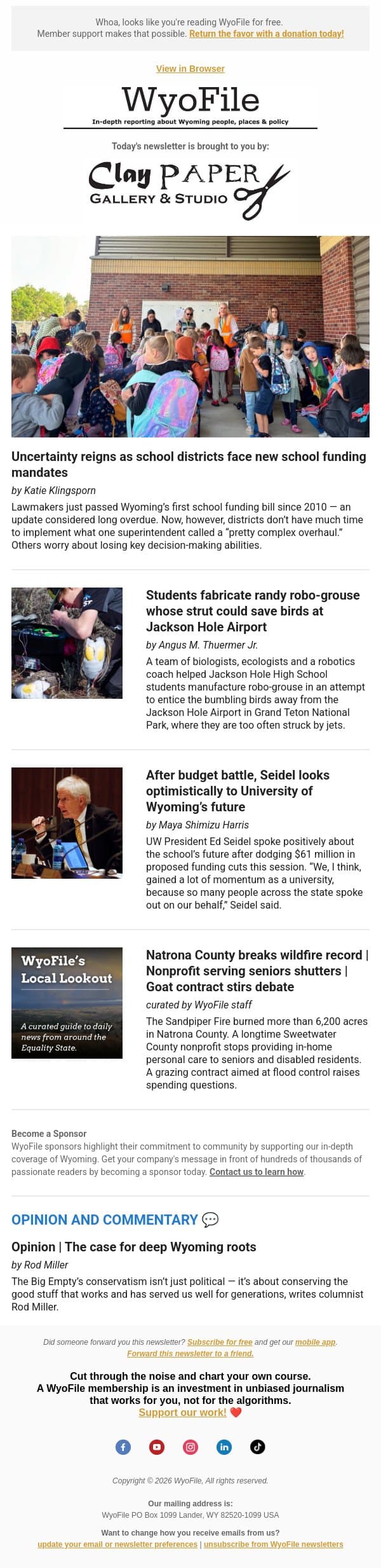 School funding overhaul | Grand Teton robo-grouse | UW chief looks ahead email from WyoFile screenshot
