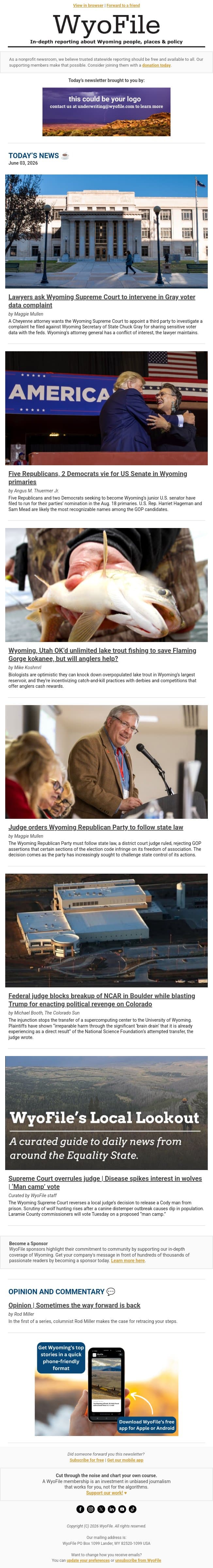 Voter data intervention | US Senate race | Flaming Gorge targets lake trout email from WyoFile screenshot