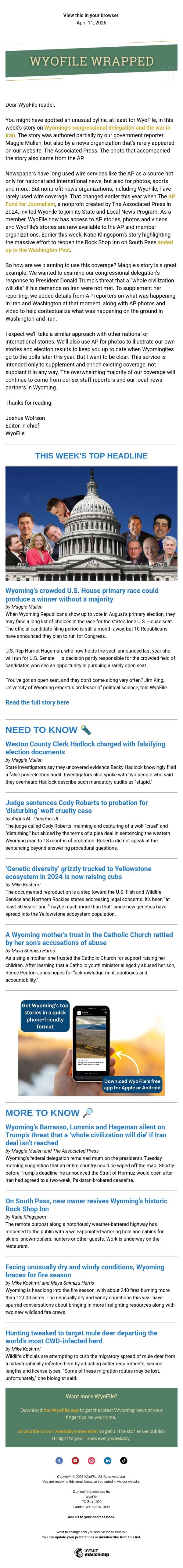 Wrapped — Crowded US House race | Clerk arrested | Roberts sentenced email from WyoFile screenshot