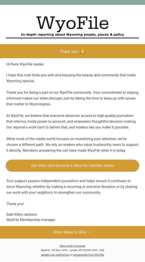 Thank You! email from WyoFile screenshot