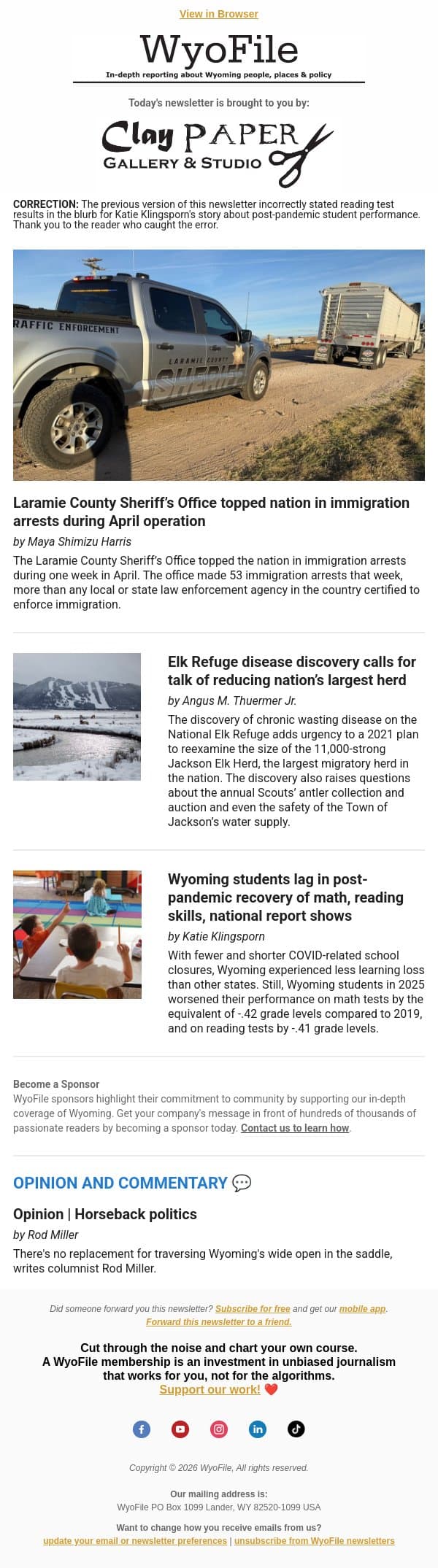 CORRECTED: Immigration arrest spike | CWD on Elk Refuge | Post-pandemic student performance email from WyoFile screenshot