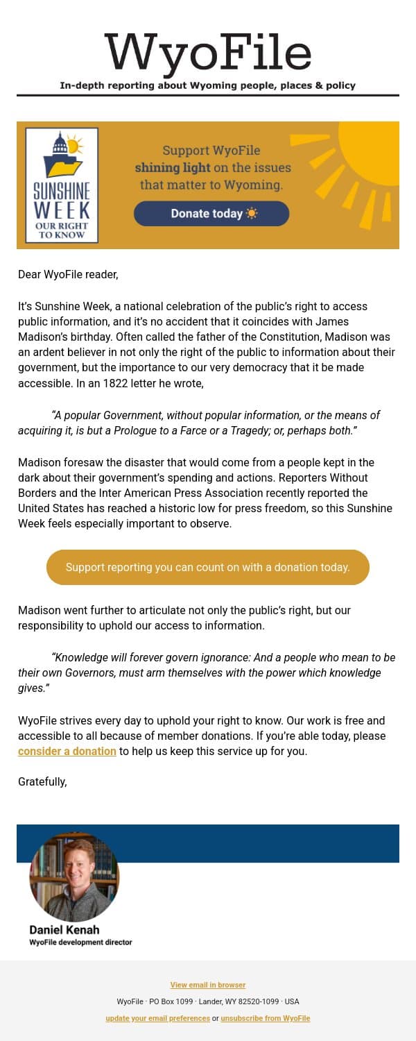 Your Right to Know email from WyoFile screenshot