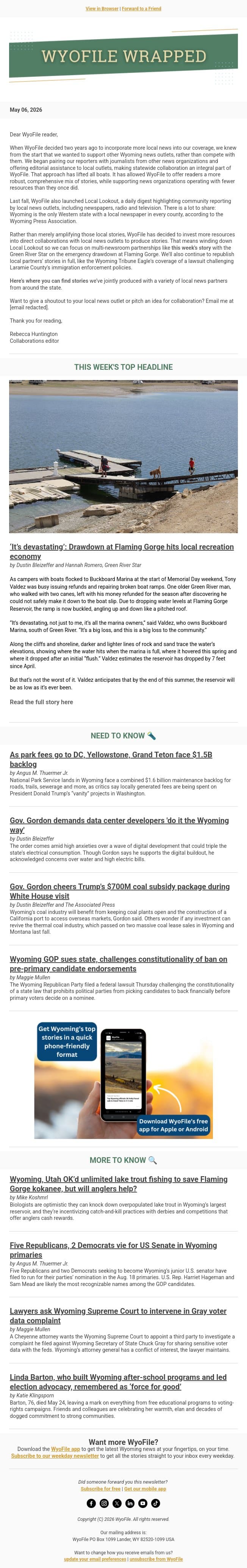 Wrapped — Gorge drawdown hits locals | National parks backlog | Data center directive email from WyoFile screenshot