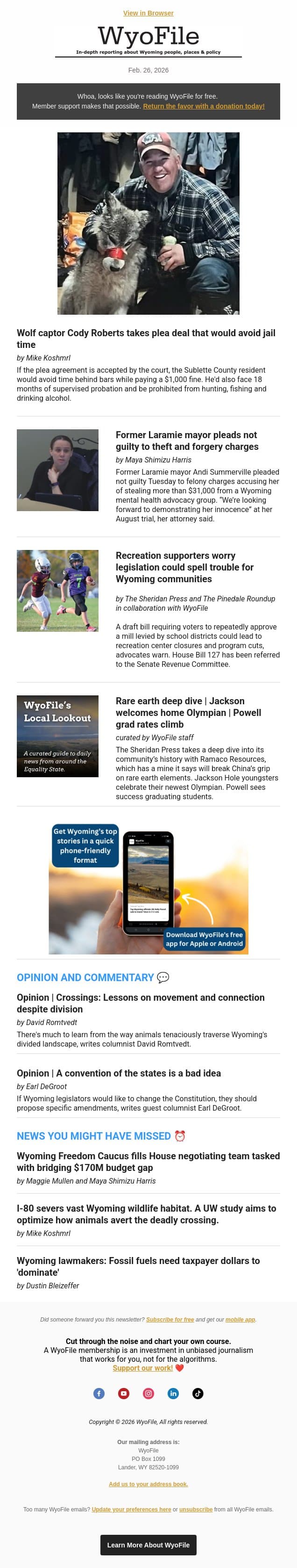 Wolf captor takes plea | Former mayor pleads not guilty | Rec center uncertainty email from WyoFile screenshot