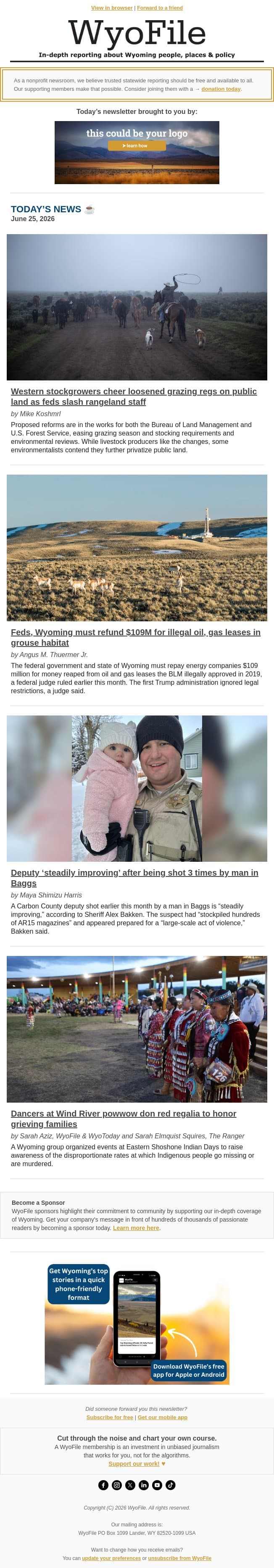 Federal grazing regs loosened | Oil and gas refund | Deputy ‘improving’ after Baggs shooting email from WyoFile screenshot