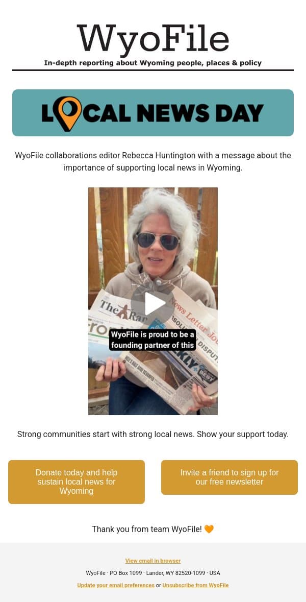 Wyofile Collaborations Editor on Local News email from WyoFile screenshot