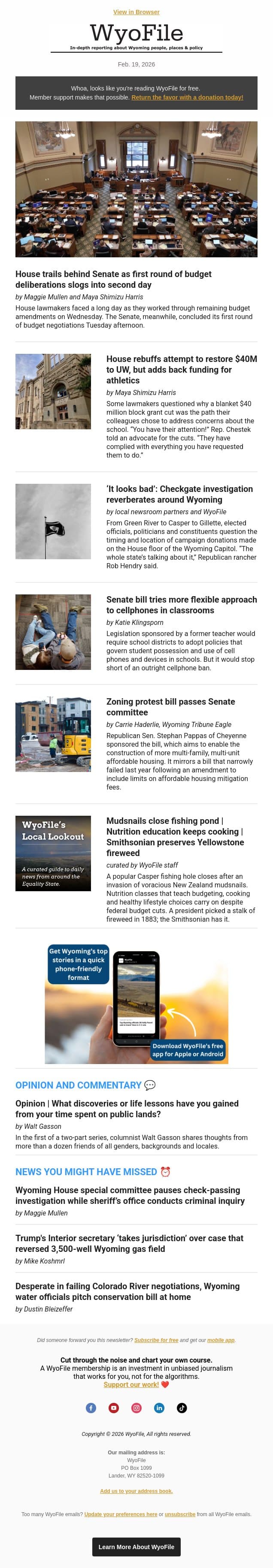 House vs. Senate on budget | UW funding fight | Checkgate's reverberations email from WyoFile screenshot