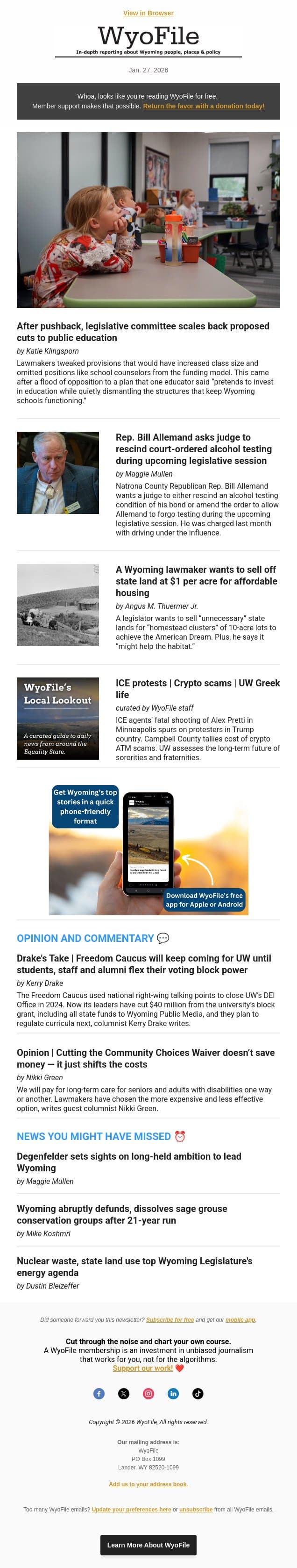 School funding uncertainty | Allemand's DUI case | State land selloff? email from WyoFile screenshot