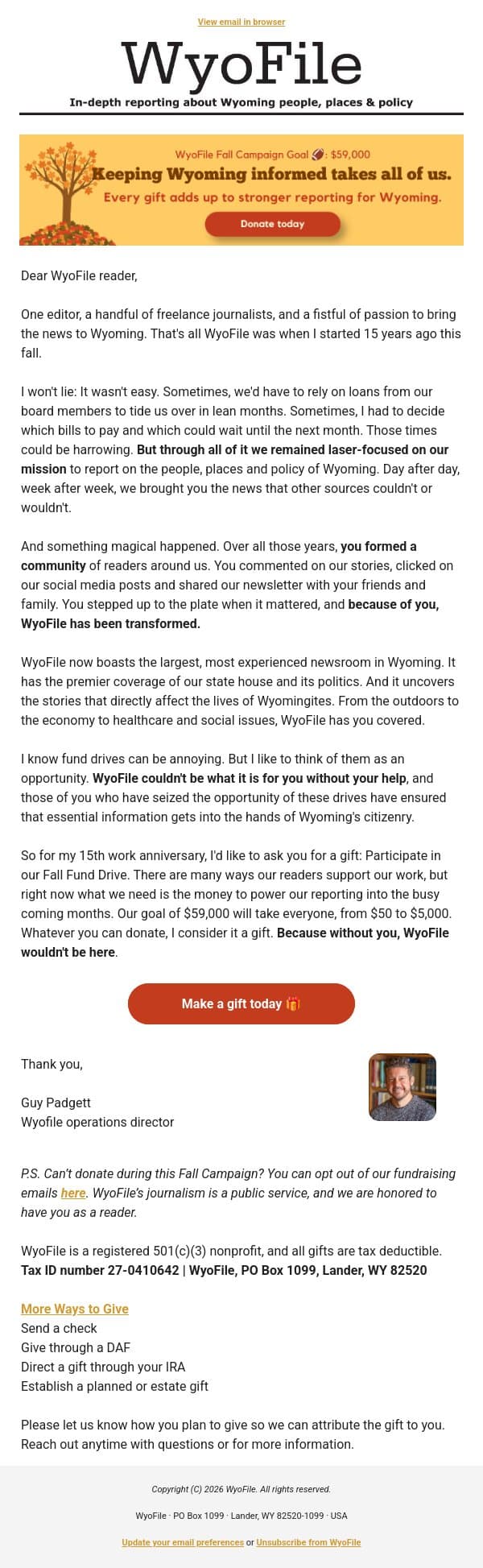 WyoFile 15 years ago? email from WyoFile screenshot