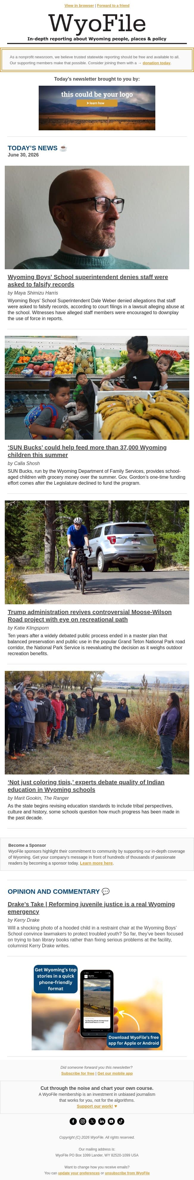 Boys’ School denies allegations | SUN Bucks feeds kids | Grand Teton road revamp email from WyoFile screenshot