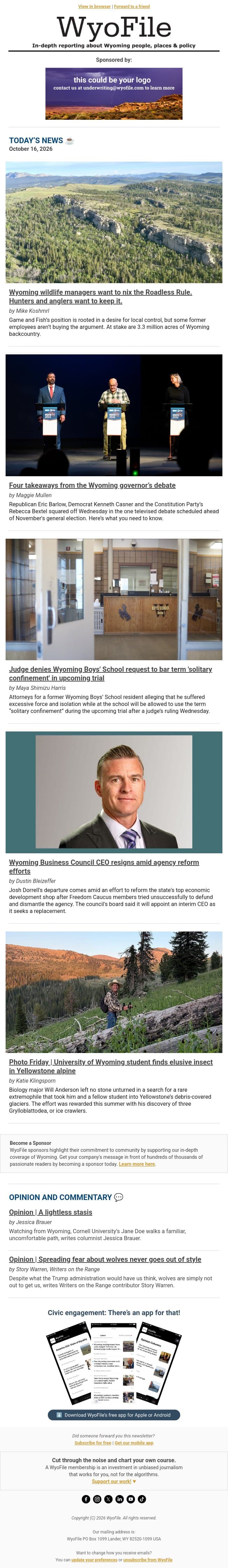 Game and Fish opposes Roadless Rule email from WyoFile screenshot