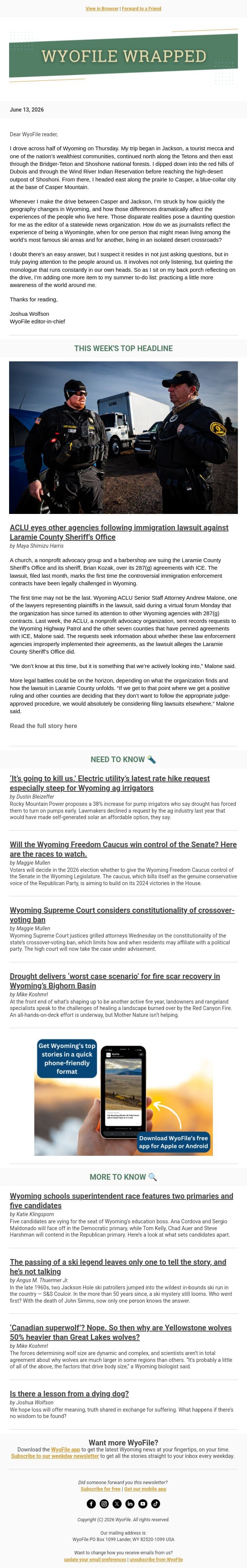 Wrapped — ICE contracts challenged | Voting ban's constitutionality? | Dire drought conditions email from WyoFile screenshot