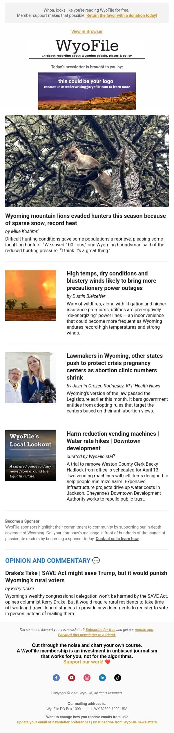 Mountain lion hunting reprieve | Fires and precautionary outages email from WyoFile screenshot