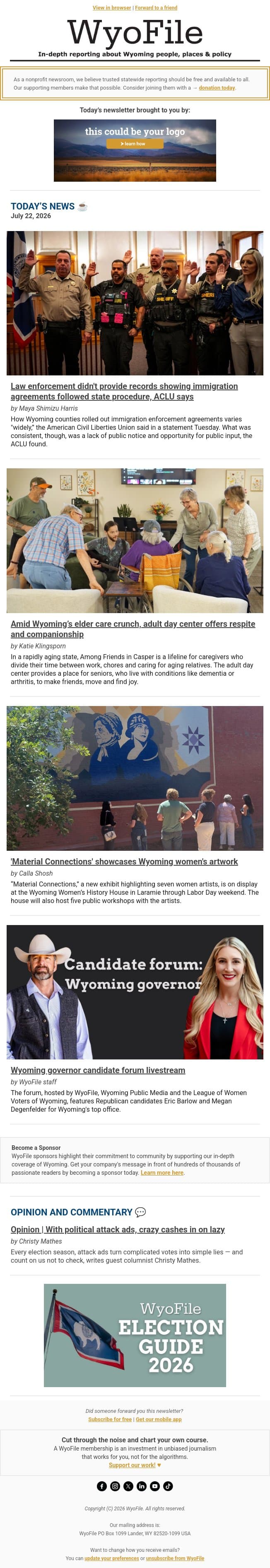 ICE agreements questioned | Senior care solutions | Women's art showcase email from WyoFile screenshot