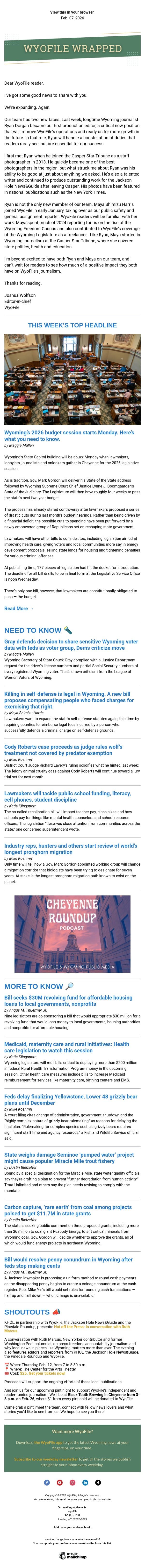 Wrapped — Budget session starts Monday | Gray shares voter rolls | Pronghorn migration review email from WyoFile screenshot