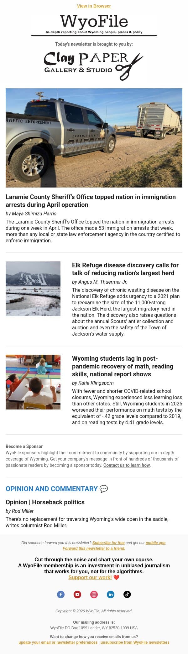 Immigration arrest spike | CWD on Elk Refuge | Post-pandemic student performance email from WyoFile screenshot