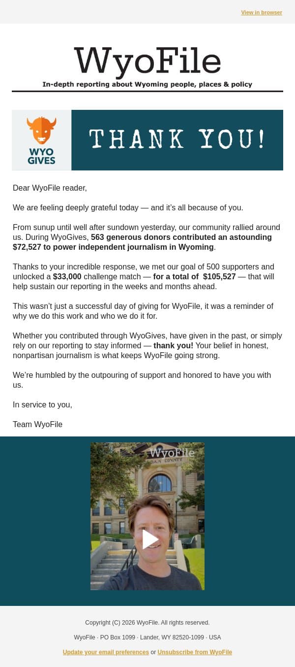 Thank You All! email from WyoFile screenshot