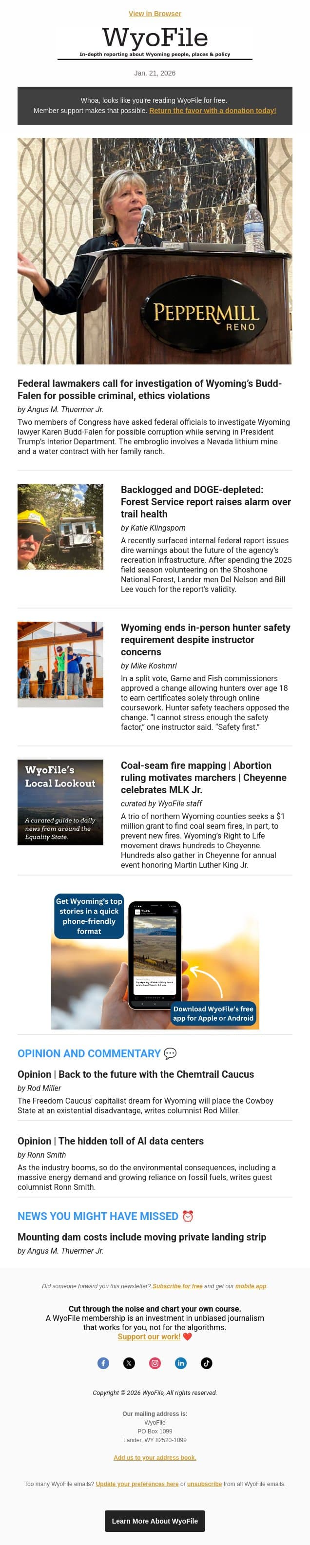 Corruption investigation | DOGE-depleted trails | Hunter safety changes email from WyoFile screenshot
